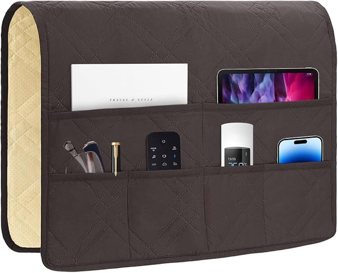 Couch Armrest Organizer Remote Control Holder Bedside Caddy with 6 Pockets, Non-Slip Armchair Caddy Sofa Armrest Organizer for Tv Remote Control, Magazine, Cell Phone, Chocolate