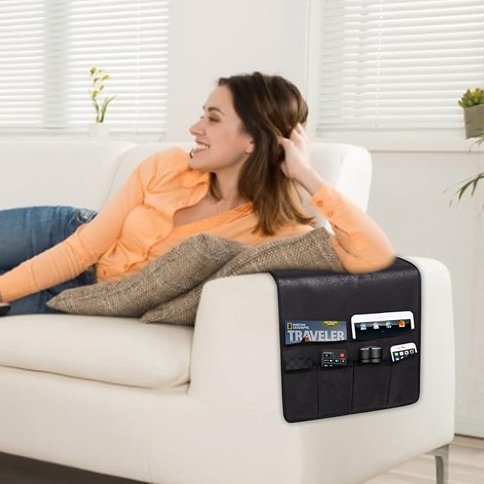 HAOMAIJIA Anti Slip Sofa Armrest Organizer Arm Chair Bedside Caddy Storage Organizer For Recliner Couch With 6 Pockets For Cell Phone Tv Remote Control Magazines (black)