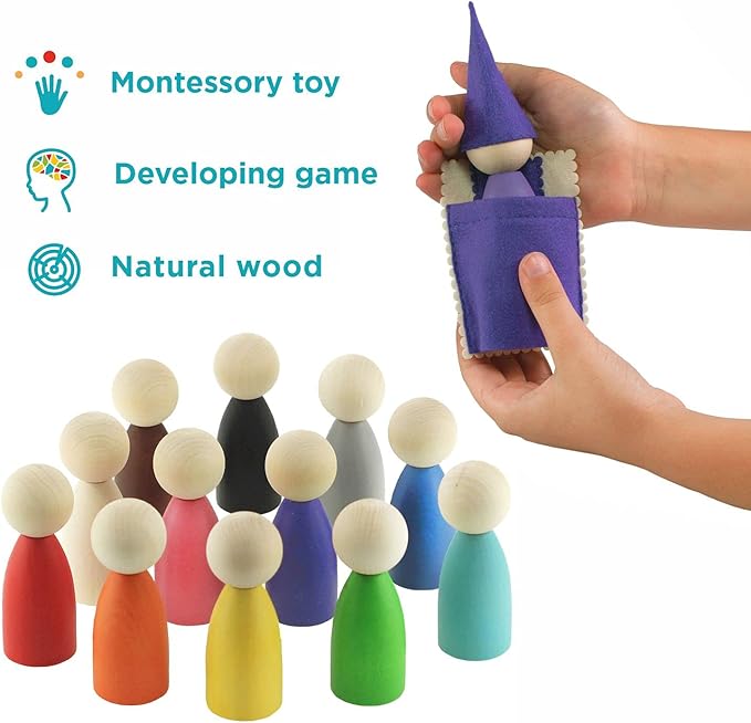 Ulanik Large Peg Dolls with Hats and Beds Toddler Montessori Toys for 3 Year Old + Wooden Waldorf Dolls for Learning Color Sorting and Counting — 12 Gnomes