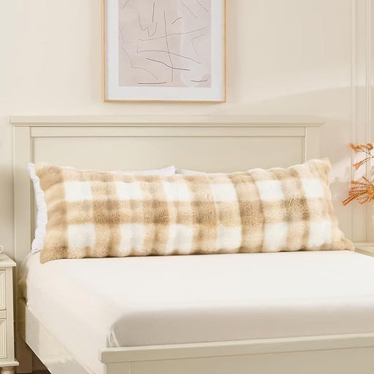 Luxury Shaggy Faux Fur Body Pillow,Fluffy Bed Pillow with Zipper Closure,Soft Decorative Plush Full Long Pillows,Fuzzy Hug Pillow for Living Room Side Sleeper & Pregnancy 20"x54" Cream and Camel