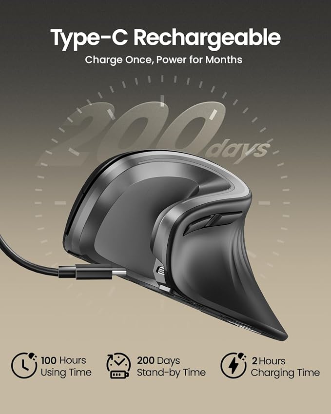 ProtoArc Ergonomic Mouse, EM11 NL Wireless Vertical Mouse, Ergo Mouse with Multi-Device, USB-C Rechargeable Mice for Windows, Mac OS, PC/Notebook/Laptop,Gray