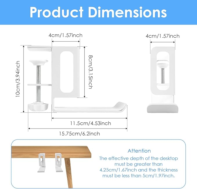 Desk Side Laptop Stand, Vertical Desk Side Laptop Holder with Headphone Stand, Adjustable Length Mount Storage Rack, No Drill Clamp Organizer for Laptops, Tablets, Keyboards (White)