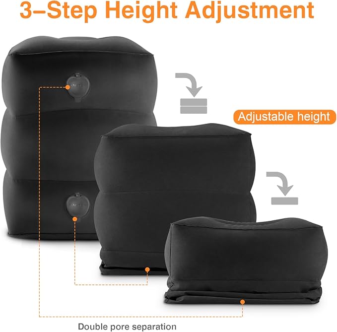 Maliton Inflatable Foot Rest Pillow for Travel,Kids Airplane Bed,Adjustable 3 Layers Height Leg Pillow of Air Travel Essentials,Car, Office, Home - Fast Inflation (Black)