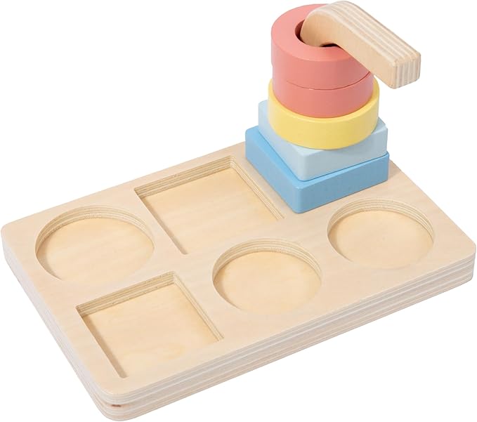 Adena Montessori Wooden Stacking and Sorting Ring,Wooden Rings on Peg,5 Shapes on Curved Peg Horizontal Dowel Variation,Baby Toddler Educational Eearly Learning Toys for 1 Year Olds Boy and Girl Gift