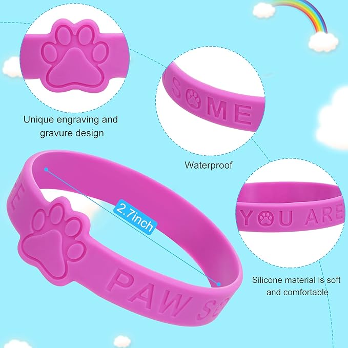 60 Pieces Paw Print Rubber Bracelets Bulk Paw Print Silicone Wristband Dog Paw Stretch Bracelets Animal Theme Wristband Gravure Waterproof Bracelets for Student Activity Party Supplies, 6 Solid Colors