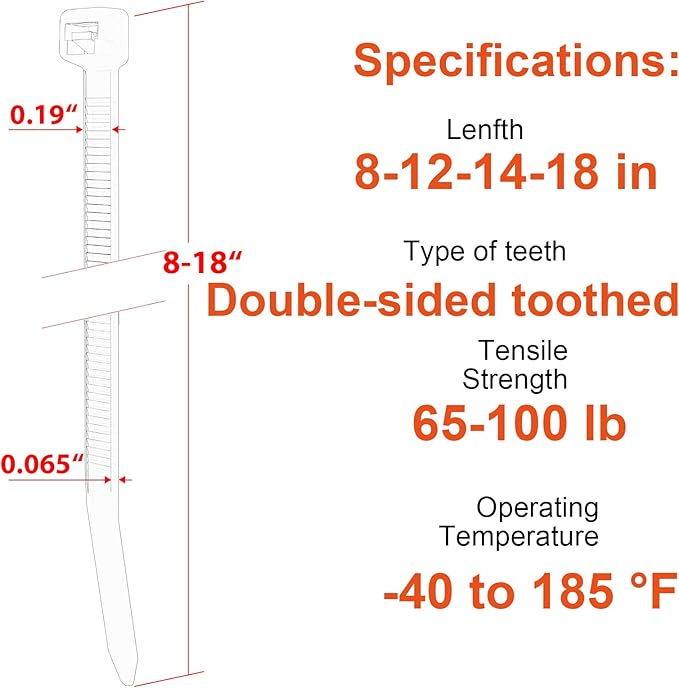 Zip Ties Assorted Size,8+12+14+18 Inch Double Sided Toothed,100 LBS Tensile Strength Heavy Duty Cable Wire Ties With Self-Locking Adjustable More Durable Nylon Tie Wraps for Indoor Outdoor（400 Pack）