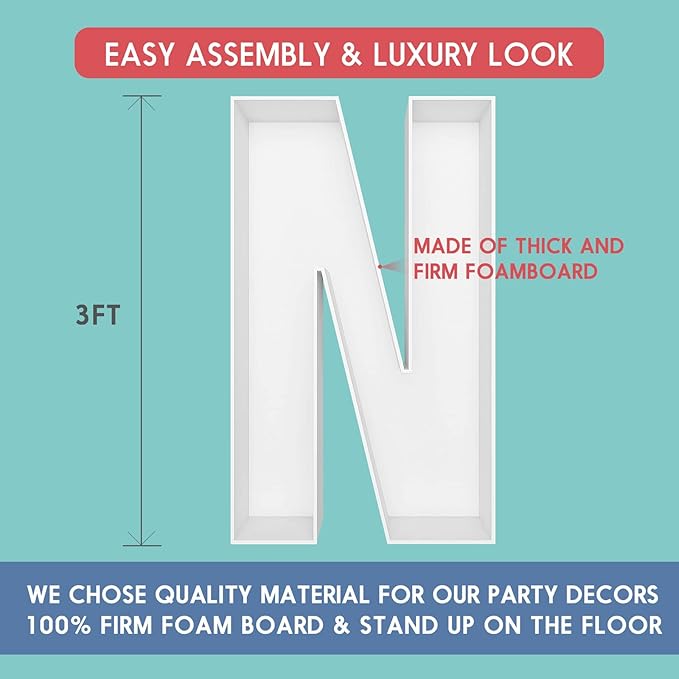 3FT Tall Mosaic Balloon Frame Letters Big Marquee Light Up Letters DIY Kit for Birthday Party Wedding Backdrop Decor Letter N Pre-Cut Foam Board