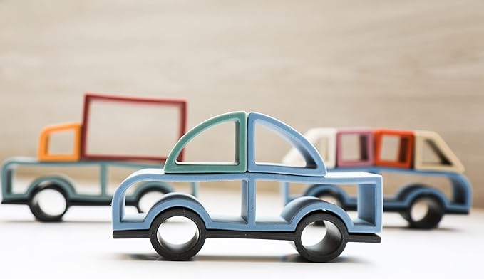 Stick It Montessori Food Grade Silicone Stacking Vehicles, 14 Pcs Toddler Baby Building Blocks Teether Educational Open Ended Shapes STEM Toy, 18+ Months (Set of 3 (Truck, Van, Car))