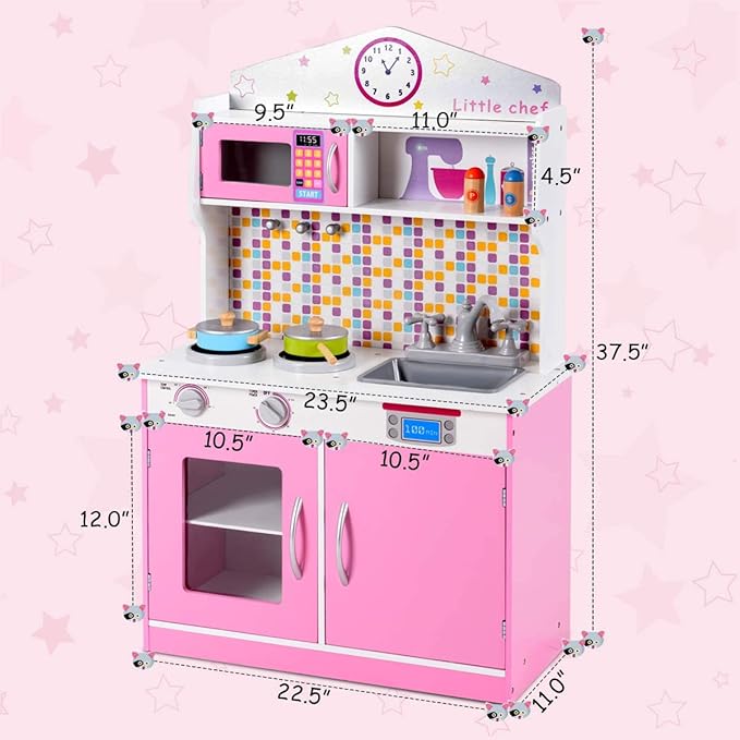FFlyer Kids Kitchen Playset, Wooden Pretend Cooking Playset w/Cookware Accessories, Removable Sink, Microwave, Display Shelf, Toddler Pretend Play Kitchen Toy, Best Gift for Girl, Pink