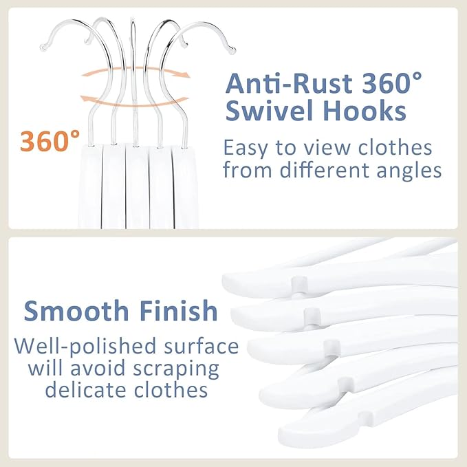 FairyHaus Kids Hangers 20 Pack 12.8 Inch, Solid Wooden Baby Hangers for Closet, Anti-Rust 360° Swivel Hook, Notches & Smooth Finish, Durable and Strong Childrens Hangers for Clothes White