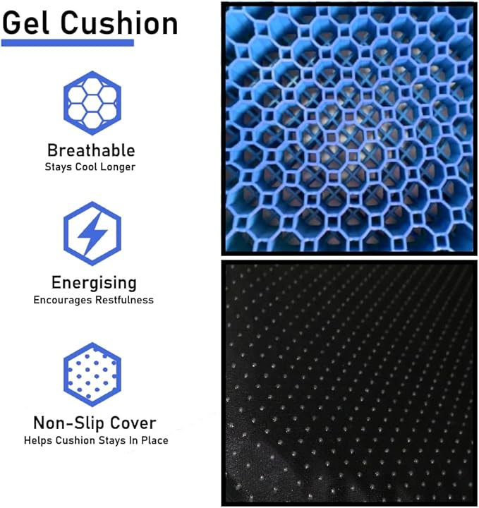 Blue Gel TPU Seat Cushion — Contoured Honeycomb Cooling Gel Cushion for Long Sitting, Pressure Relief for Tailbone & Sciatica, Non-Slip Washable Cover — 15.35 x 12.6 in
