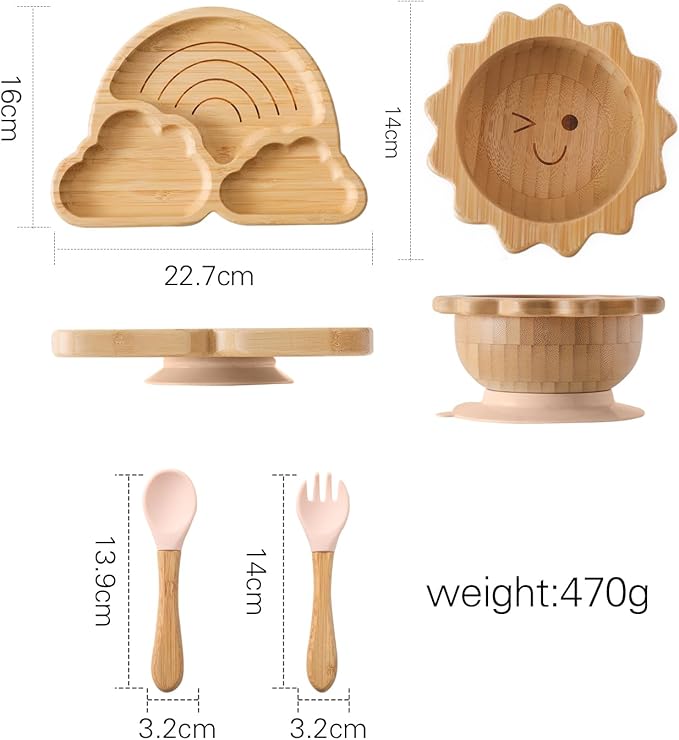Bamboo Suction Plates Bowls Set for Baby Toddler Divided Platter Food bowl with Silicone Fork & Spoon All-Natural Baby Feeding Set for Baby-Led Weaning, Non-Slip Design