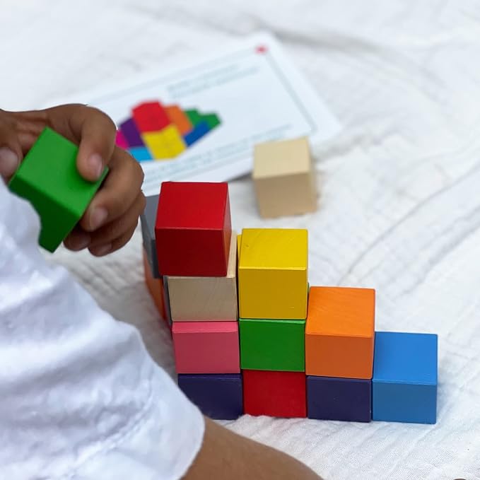 Ulanik Small Colored Cubes Toddler Montessori Toys for 3 Year Old + Kids Wooden Building Blocks Game for Learning Color Sorting and Counting — 40 pcs, 1.2 in