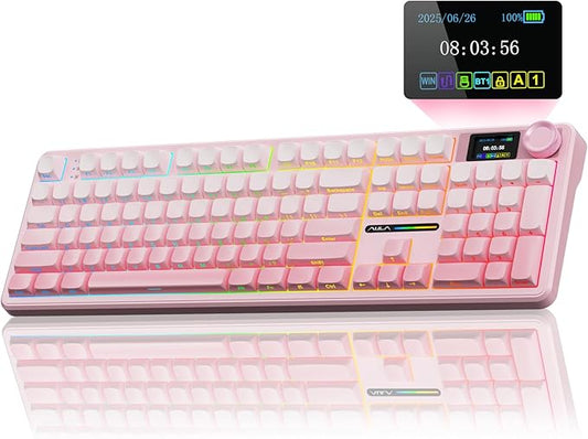 AULA F108 PRO - Wireless Mechanical Keyboard with Screen & Knob,Full Size Keyboard with 8000mAh Battery,Pre-lubed Switches,Side Printed PBT Keycaps,RGB Backlit Hot Swappable Custom Pink Keyboards