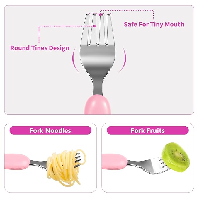 Lehoo Castle Toddler Fork and Spoon, 6pcs Toddler Utensils Kids Silverware, Safe Stainless Steel Toddler Fork Spoon Set, Children Flatware Set, Incudes 3 Spoons and 3 Forks (Pink)
