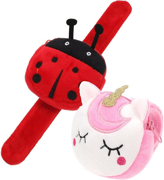 Abaodam 2Pcs Animal Slap Bracelet Coin Purse Ladybug Unicorn Slap Bracelet Plush Stuffed Animal Hugger Snap Wristband Wallet for Kids Birthday Party Plush Slap Bracelet