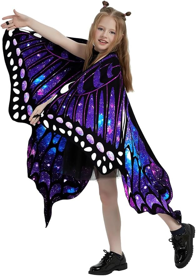 Butterfly Wings For Girls, Double-Sided Fairy Wings, Halloween Costumes for Kids, 3PCS Butterfly Cape Set.