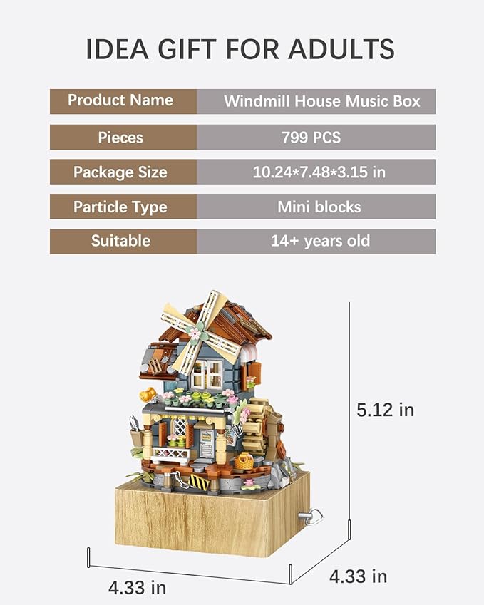 Music Box Building Blocks Set, Japanese Rustic Style Windmill House Toy Set, Mini Farm House MOC Creative Model, Gifts Idea for Kids Adults, Mini Blocks 799pcs (1239)