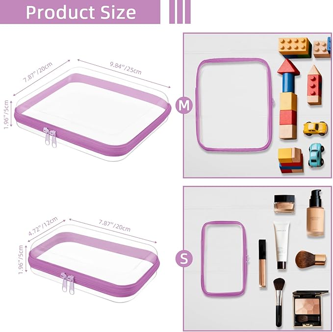 Clear Hard Shell Zipper Case,Clear Toy Storage Pouch,Waterproof Transparent Organizer Comestic Case for Travel, Office, Home(Purple, 3*S)