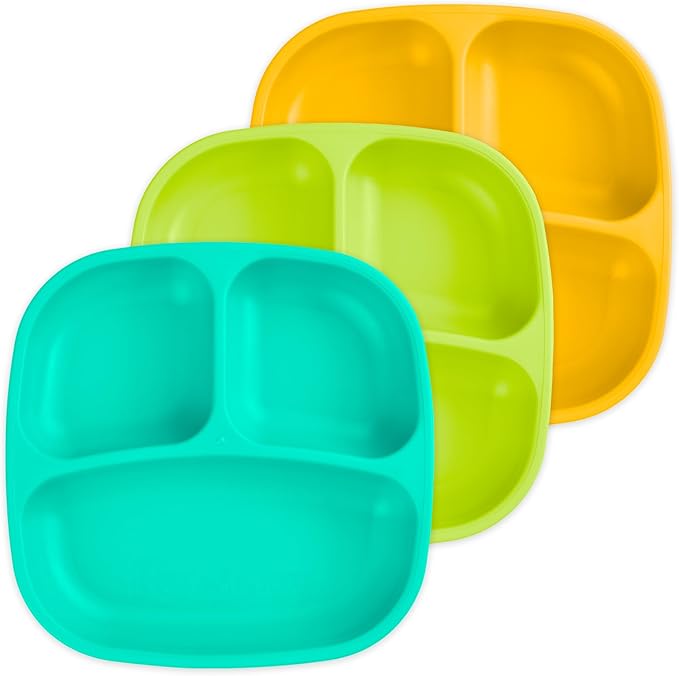 Re-Play Made in USA 7" Deep Walled Divided Plates for Kids, Set of 3 - Reusable 3 Compartment Plates, Dishwasher and Microwave Safe - 7.37" x 7.37" x 1.25", Aqua Asst