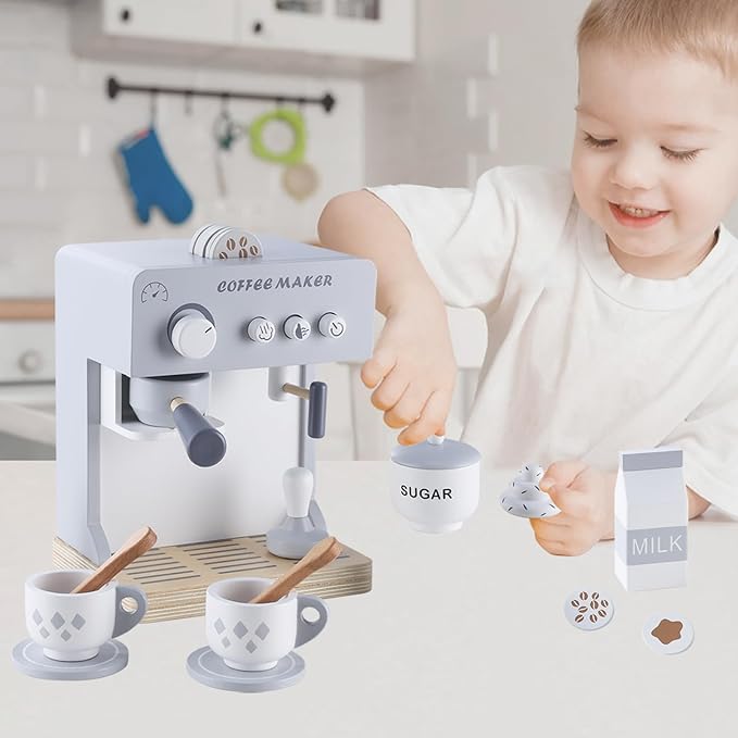 Kids Coffee Maker Toy Espresso Machine Playset, Pretend Play Food Sets for Kids Kitchen, Toddler Play Kitchen Accessories Gift for Girls and Boys