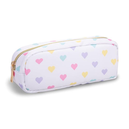 UIXIZQ Small Pencil Case Makeup Bag for Purse, Cute Pencil Pouch Nylon Preppy Makeup Brush Bag with Zipper, Girls Portable Stationery Storage Case for Office School College(Slim-White Heart)