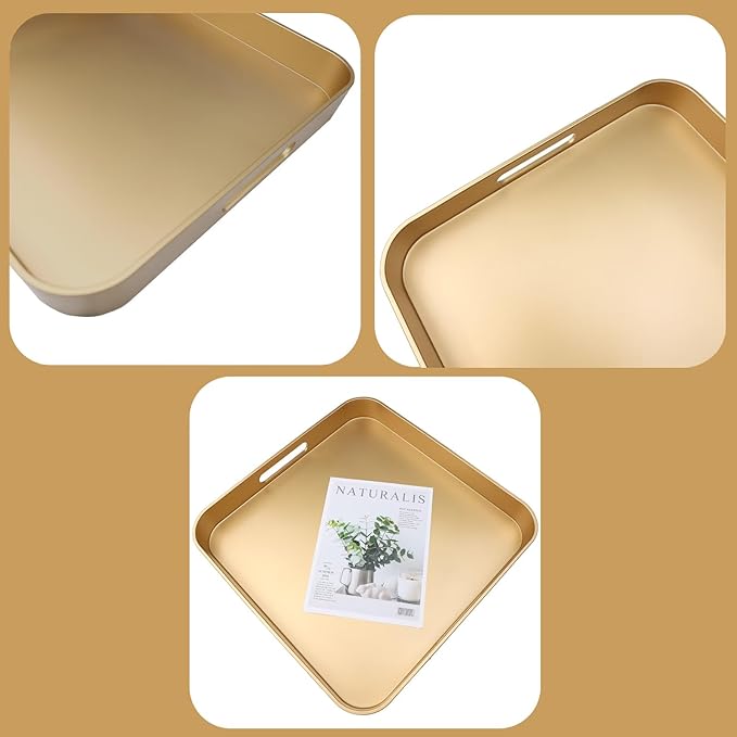 Omuriko Gold Square Decorative Tray with Handles, 13"*13" Versatile Serving Tray for Coffee Table, Ottoman, Ideal for Serving, Displaying, Organizing