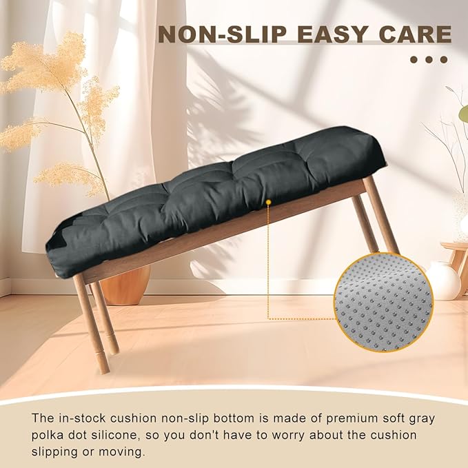 Bench Cushion 27 inches,Indoor/Outdoor Non-Slip Tufted Cushions, Premium Waterproof Linen, Soft Piano Sofa Cushions, Entryway Storage, Bay Window, High-Density Memory Foam(Black-27x12x4in)