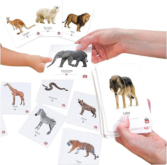 Tool-be Animal Cards. 18 Real Photos of Wild Animals. Spanish-English Flash Cards for Babies 6-12 Months, Montessori Toys for 1+ Year Old, Baby Flash Cards 12 to 18 Months, up to 6Y
