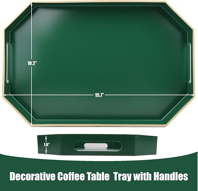 Omuriko Green Decorative Tray with Handles, Versatile Serving Tray for Coffee Table, Ottoman, Ideal for Serving, Displaying, Organizing, 15.7"*10.2"*1.57"