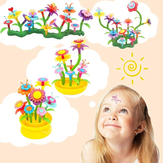 VERTOY Flower Garden Building Toy Set for 3, 4, 5, 6 Year Old Girls, STEM Educational Activity Games and Girls Birthday Gift for Age 3+ yr Toddlers and Kids, 143 pcs
