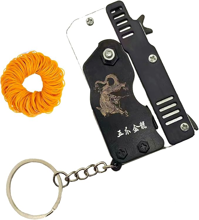 Kids Toys Cool Keychain Rubber Band Mini Metal Folding Rubber Launcher Toy with 60 Elastic Rubber Bands for Game Outdoor Activities (Black)