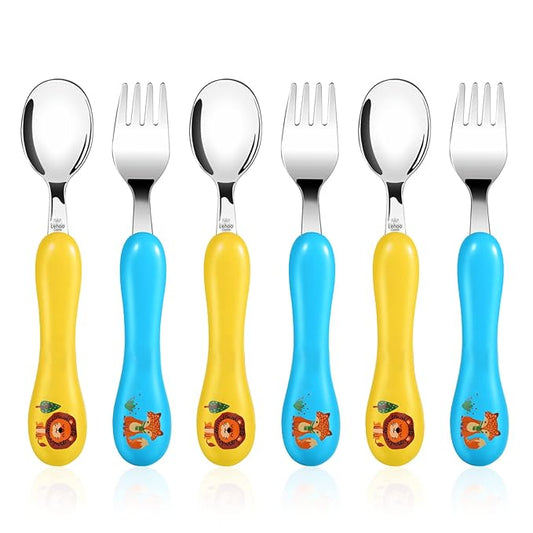 Lehoo Castle Toddler Fork and Spoon, 6pcs Toddler Utensils Kids Silverware, Safe Stainless Steel Toddler Fork Spoon Set, Children Flatware Set, Incudes 3 Spoons and 3 Forks (Blue Yellow)