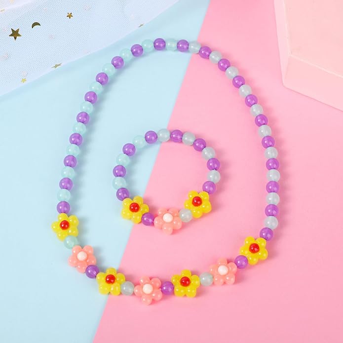 Girls Jewelry Set - Cute Flower Beads Necklace Bracelet-Toddler Girls Flower Jewelry - Stretchy Chunky Costume Jewelry Present Toy-Yellow