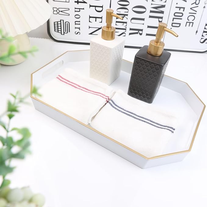 Omuriko White Decorative Tray with Handles, Octagon Versatile Serving Tray for Coffee Table, Ottoman, Ideal for Serving, Displaying, Organizing