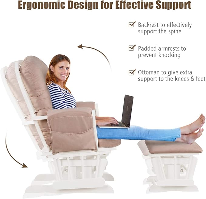 Costzon Nursery Glider with Ottoman, Upholstered Comfort Glider Rocker with Padded Cushion, Storage Pocket, Solid Wood Base, Rocking Chair Nursery for Breastfeeding, Maternity, Napping (Pink)