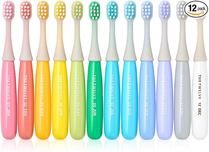 The Twelve Step2 Toddler Toothbrush Pastel – (Monthly Replacement Reminder), (Korean BBC Bristles), (12 Fun Rainbow Colors), Soft Tooth Brush for Ages 1-3, 12-Pack