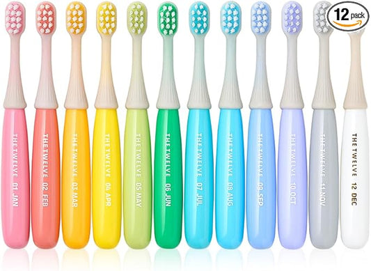 The Twelve Step2 Toddler Toothbrush Pastel – (Monthly Replacement Reminder), (Korean BBC Bristles), (12 Fun Rainbow Colors), Soft Tooth Brush for Ages 1-3, 12-Pack
