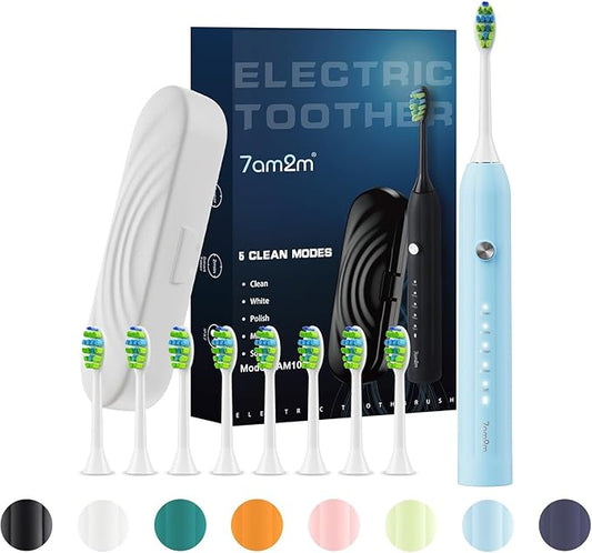 7AM2M Sonic Electric Toothbrush for Adults and Kids, with 8 Brush Heads and Travel Case,5 Modes with 2 Minutes Build in Smart Timer, One Charge Use for 90 Days, Rechargeable Toothbrushes (Light Blue)