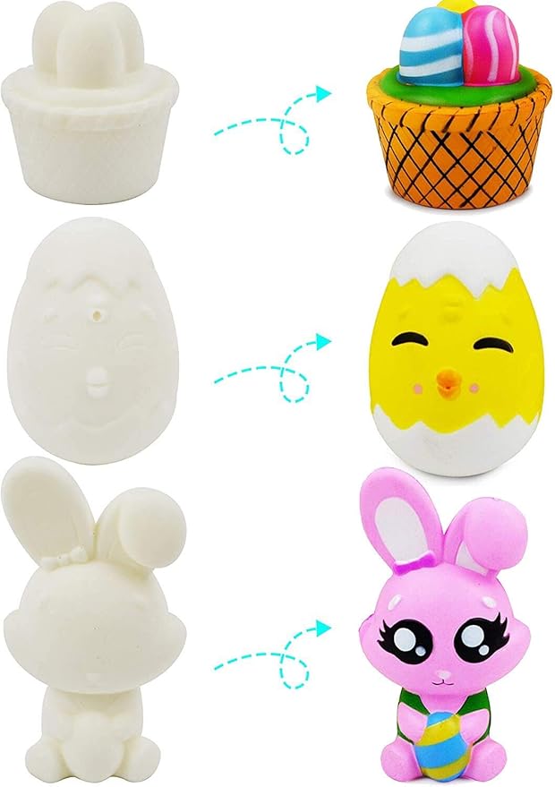 JOYIN 6 Pcs Easter Squishy Toy Coloring Craft Kit Easter DIY Paint Your Own Squishy Toy Kit Animal Character Including Paints and Brushes for Egg Hunt, Basket Stuffer, Party Favors