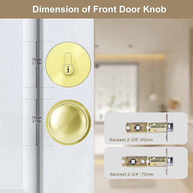 Gold/Brass Passage Door Knob and Deadbolt Set Interior/Exterior Door Knob with Single Cylinder Deadbolt Lock Set