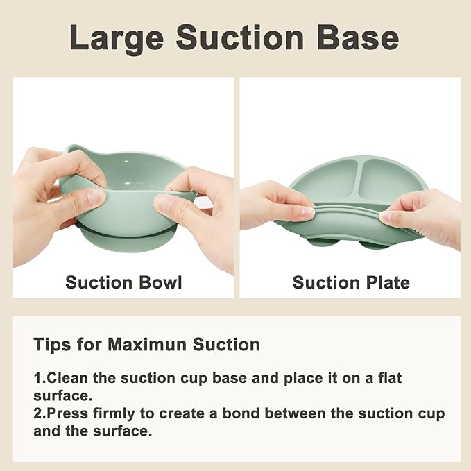 Silicone Baby Feeding Set | Baby Led Weaning Supplies Includes Suction Bowls and Divided Plates, Adjustable Bib, Baby Utensils Spoons and Forks,Cup | Baby Feeding Essentials (Light Green)