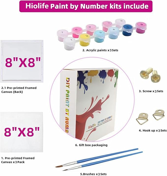 Hiolife 3 Pack Paint by Number Kits for Kids, 8X 8 inch Framed,Colorful Flowers Oil Painting Kits for Girls and Boys, Painting Sets for Childrens,Home Wall Decor