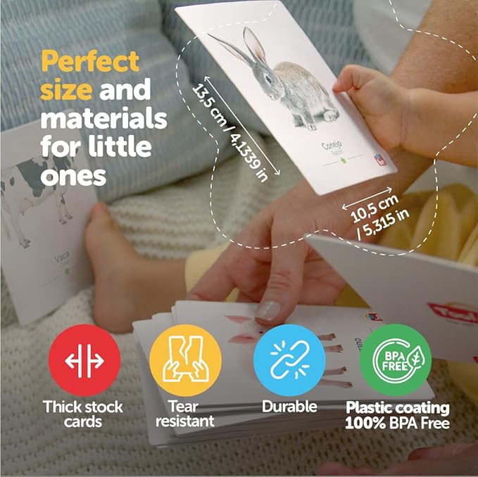 Tool-be Animal Cards. 18 Real Photos of Farm Animals. Spanish-English Flash Cards for Babies 6-12 Months, Montessori Toys for 1+ Year Old, Baby Flash Cards 12 to 18 Months, up to 6Y