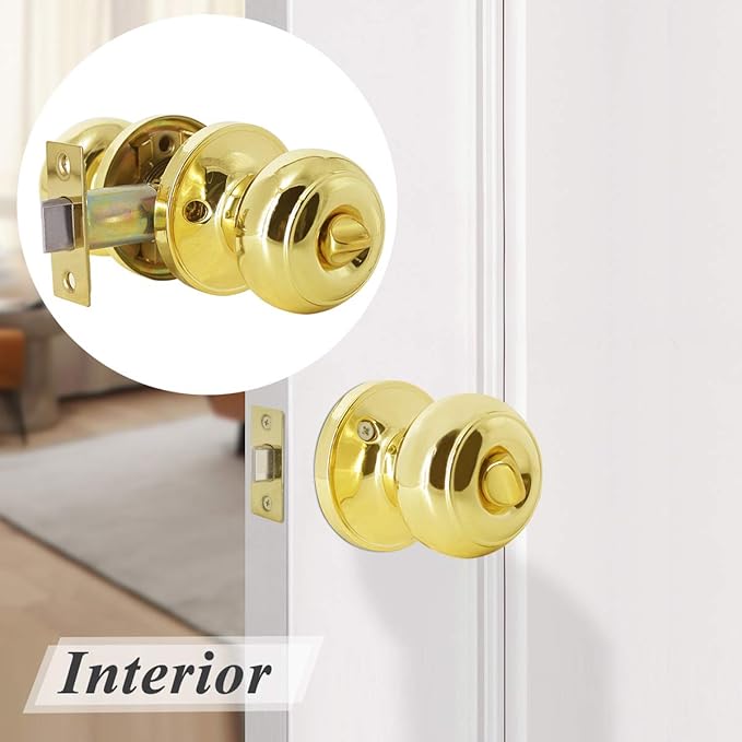 Probrico Home Bed & Bath Privacy Door Knob in Polished Brass, Flat Ball Interior Hardware, Keyless Universal Handing Door Lockset, 1 Pack