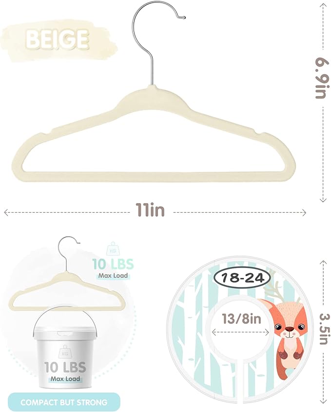 Baby Hangers, VIS'V 11 Inch Beige Velvet Kids Hangers with 6 Pcs Size Dividers Non Slip Nursery Children Closet Clothes Hangers for Infant Toddler Girls and Boys 30 Pcs