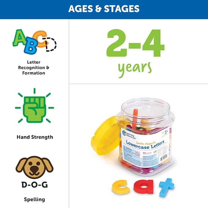 Learning Resources Jumbo Magnetic Lowercase Letters, Develops Letter and Color Recognition Skills, ABC for Kids, Alphabet, Educational Toys for Toddlers, Set of 40 Pieces, Ages 3+