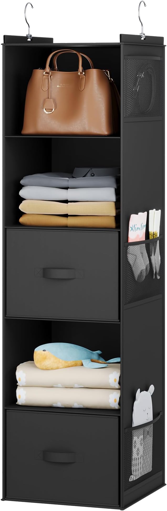 YOUDENOVA Hanging Closet Organizer, 5 Tier Hanging Closet Shelves with Drawers and 6 Side Pockets, Black