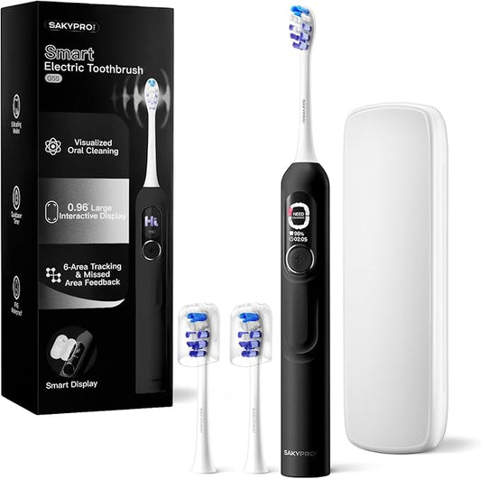 G5S Smart Electric Toothbrush with 0.96'' Screen, Real-time Missed Area Feedback, 2 Brush Heads, 150 Days Lasting, Sonic Toothbrush with Travel Case for Adults and Kids (Black, 1 Count)