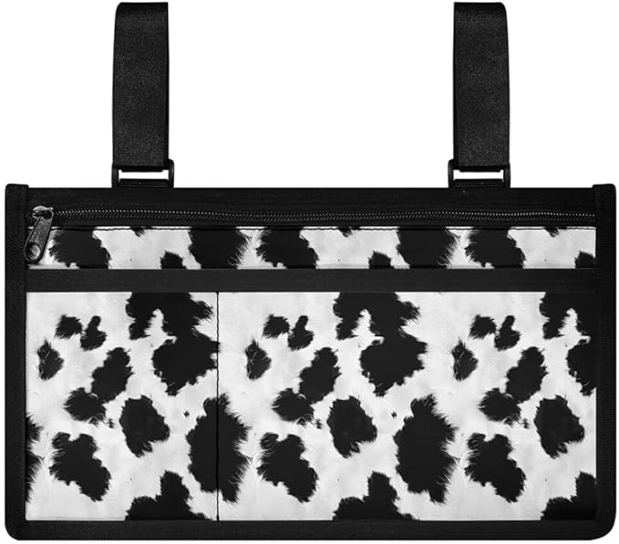 ZOUTAIRONG Cow Print Accessories Bag for Walker, Wheelchair, Rollator for Seniors, w/Cup Holder-Folding Walker Basket Large Capacity Waterproof Walker Caddy Pouch
